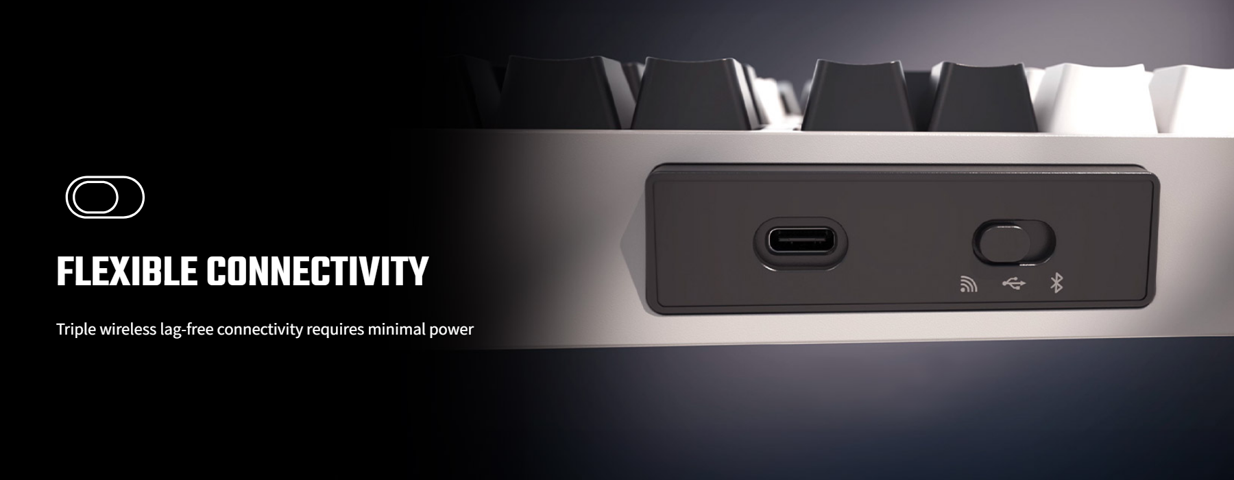 A large marketing image providing additional information about the product Cooler Master MK770 Space Grey Hybrid Wireless Keyboard - Kailh Box V2 White Switch - Additional alt info not provided